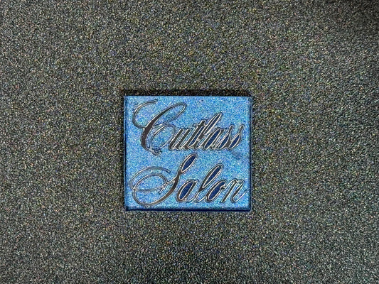 Oldsmobile Cutlass Salon Trunk Lock Cover Insert Emblem Reproduction Blue Metallic and Chrome