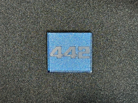 Oldsmobile Cutlass 442 Trunk Lock Cover Insert Emblem Reproduction Blue Metallic and Chrome